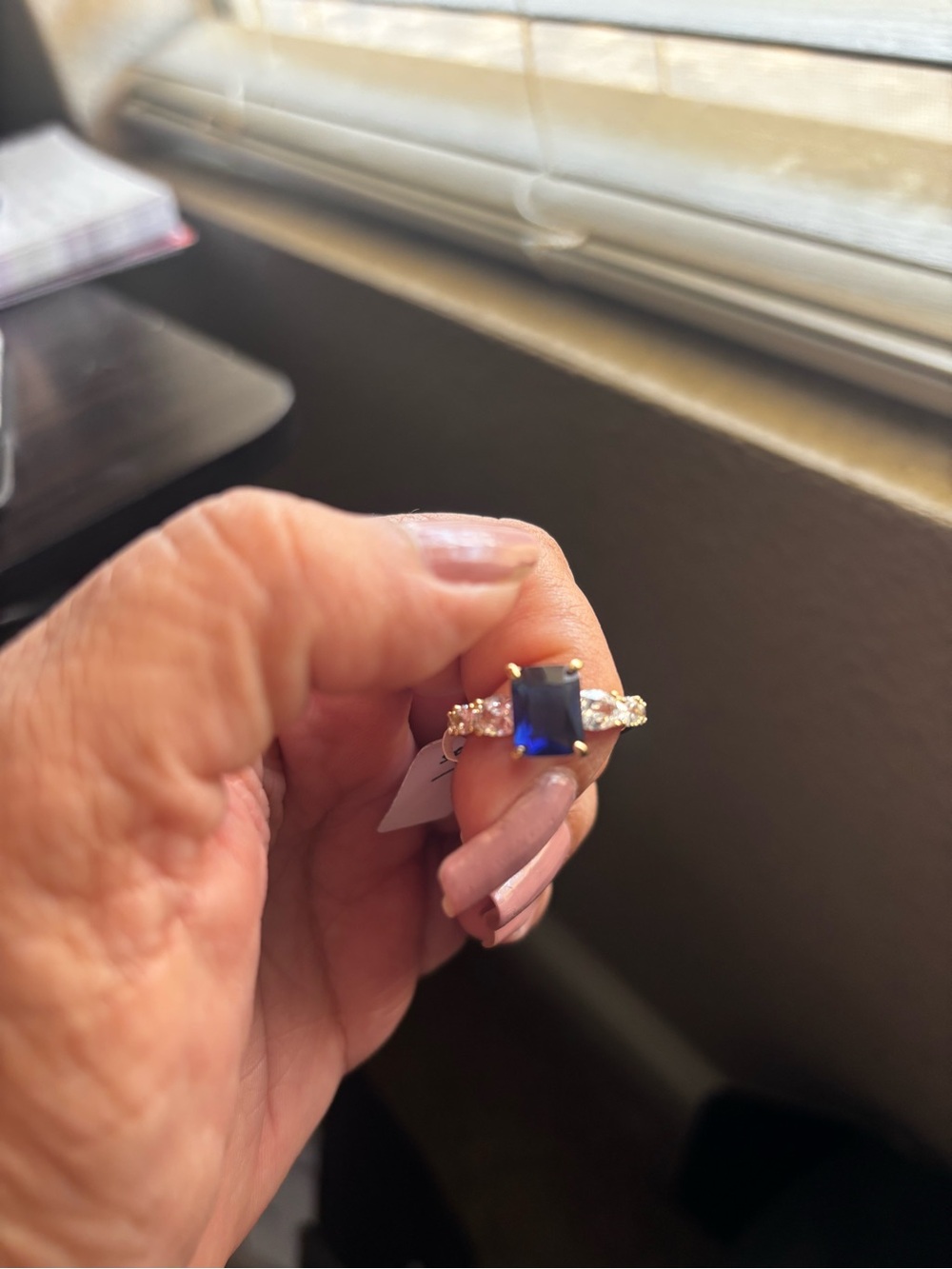Blue Sapphire-Center Statement Ring with Clear Accent Stones. SIZE 7